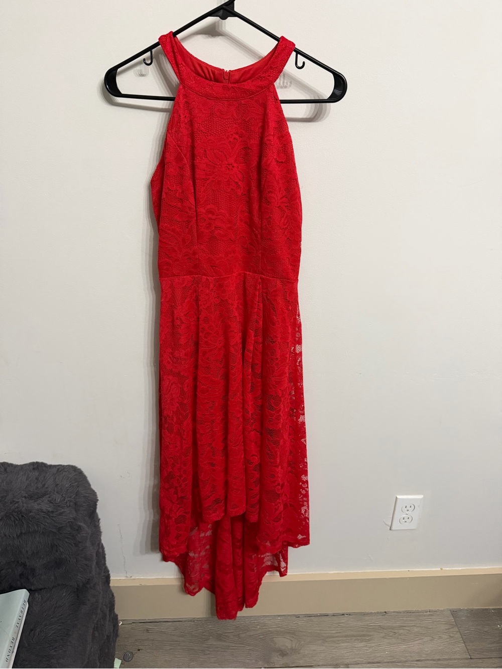 Morgan & Co Red Lace High Low Halter Formal Dress